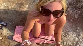 What if blonde babe gives deepthroat blowjob high in mountains then takes facial cumshot outdoors?