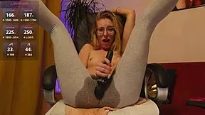 skinny blonde teen squirts wet pussy juices soaking grey leggings with vibrator orgasm