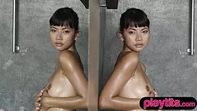 Petite brunette and asian milf stripping naked on beach?