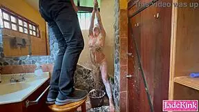 sub slut's tied up in bathroom, watch her get foam punished.