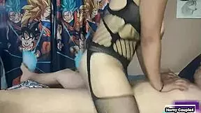 the latina in lingerie rides her husbands friend's huge cock cowgirl style moaning to orgasm with her wet shaved pussy and big natural tits.