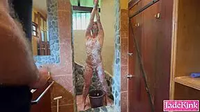 sub slut's tied up in bathroom, watch her get foam punished.