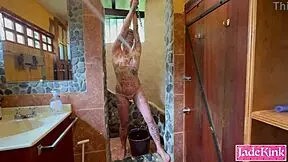 sub slut's tied up in bathroom, watch her get foam punished.