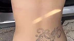 Busty petite hooker strips in car, deepthroats then rides bareback till cum on stomach