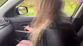 Stranger grabs blonde redhead for dirty car blowjob with pierced nipples