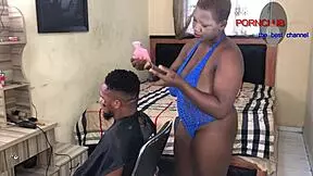 chubby ebony barber neighbor took advantage bent over doggystyle in bedroom.