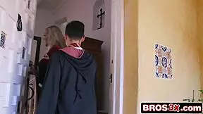 shy boy's halloween treat as milf cougar and stepdaughter tag team him hard