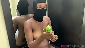 ebony teen melanie demos condom use on huge cucumber dildo deep pussy fuck