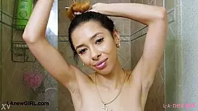 narrative of a sweet asian beauty stepping into the shower for a refreshing wash