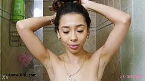 narrative of a sweet asian beauty stepping into the shower for a refreshing wash