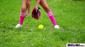 Busty blonde babe licks shaved pussies and sucks tits for soccer team