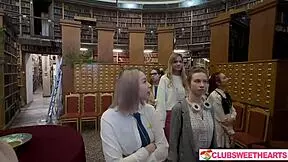 18yo Lesbians Lick Wet Shaved Pussies in Kinky Group Orgy at Library of Lust