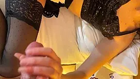 hot long legs skinny brunette spits on big cock for handjob ball massage