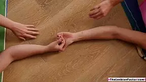 gymnast best friend spreads wide in split as i tongue her shaved pussy