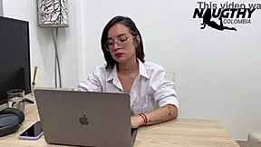 Secretary Texts Girlfriend And Fingers Petite Pussy To Orgasm!