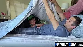 Young woman rides older man's cock in taboo family scene.