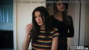 evil brunette fingers hairy pussy seduces stepsis' lesbian gf