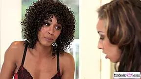 black stepmom spreads hairy pussy wide for stepdaughter's hungry tongue dive