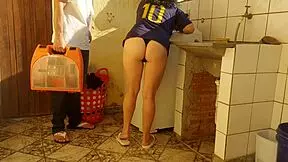 housewife trades her services for washing machine repair from the technician