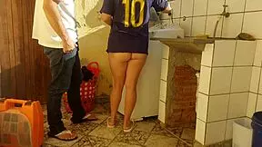 housewife trades her services for washing machine repair from the technician