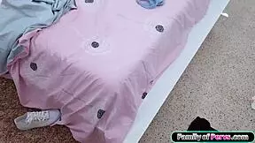 stepsister petite blonde with small tits and shaved pussy caught by stepbro watching porn gets monster cock deepthroat handjob and fuck