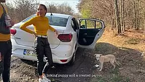 laura quest's mountain car flashing teases tanned skinny ass and pierced tits outdoors