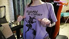 sexy babe pinches puffy nipples to intense orgasm while watching porn