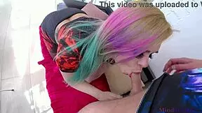 Horny Goth Stepsister Gags on Cock with Pierced Nipples Titjob