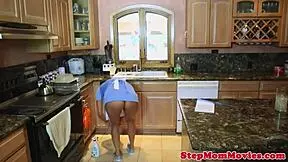 classy stepmom's big tits bounce in milf threesome doggystyle