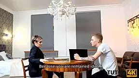 tutor4k short-haired russian teacher in stockings nailed missionary doggy by stud