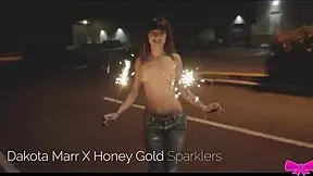 Honey Gold and Dakota Marr Flash Topless Outdoors with Sparklers