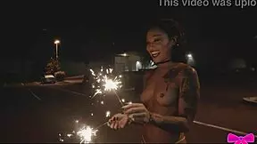 Honey Gold and Dakota Marr Flash Topless Outdoors with Sparklers
