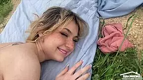 dare you to watch this petite teen fuck huge bbc outdoors in risky public spot?