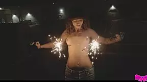 Honey Gold and Dakota Marr Flash Topless Outdoors with Sparklers