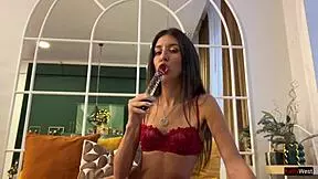 Skinny brunette slut begs daddy for rough anal creampie on christmas