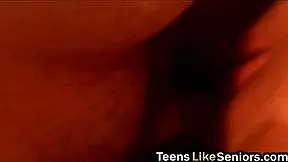 Petite teen brunette licks senior cock before bent over doggystyle pussy pounding