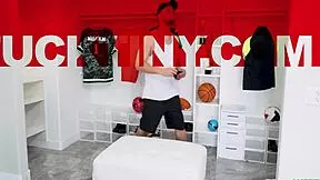 CHEERLEADER ANGEL GAGS on COACH'S COCK during locker room ASS pounding!