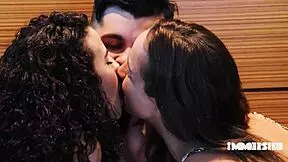 guy pounds wife and girlfriend in threesome both hairy pussies dripping wet
