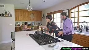 old man bangs daring strip daughter while wife cooks in kitchen cuckold style