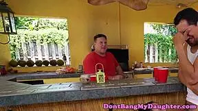 Petite teen chats casually about riding with her senior neighbor outdoors