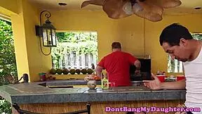 Petite teen chats casually about riding with her senior neighbor outdoors