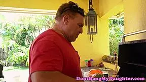 Petite teen chats casually about riding with her senior neighbor outdoors