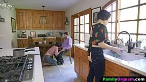 old man bangs daring strip daughter while wife cooks in kitchen cuckold style