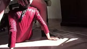 she strips latex catsuit for deep blowjobs then rough doggystyle creampies