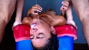Petite latina slut drools upside down on huge cocks in sloppy deepthroat