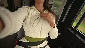 Brunette teen flashes huge tits to drivers then gets punished with massive cock doggystyle in car