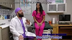 Dr. Tampa checks Misty Addams for Tampa University entrance physical