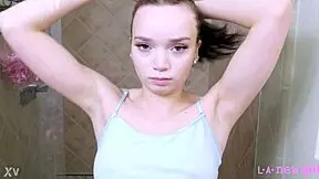 fierce petite brunette milf mommy strips in shower after photoshoot