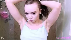 fierce petite brunette milf mommy strips in shower after photoshoot