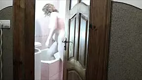 Roommate Peeks At Blonde's Naked Bathroom Tease Without Panties Then Jerks Massive Cumshot